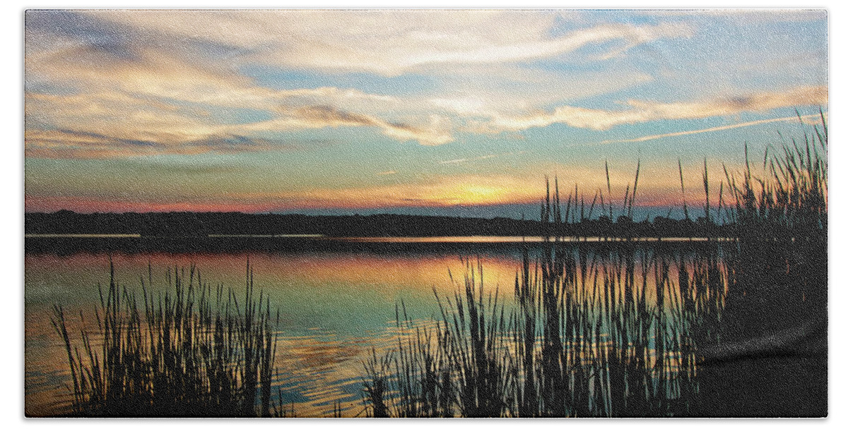 Lake Sunset Bath Towel featuring the photograph Peaceful Sunset by Mary Walchuck