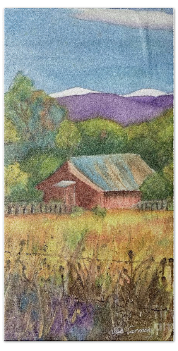 Barn Bath Towel featuring the painting Peaceful Valley by Sue Carmony