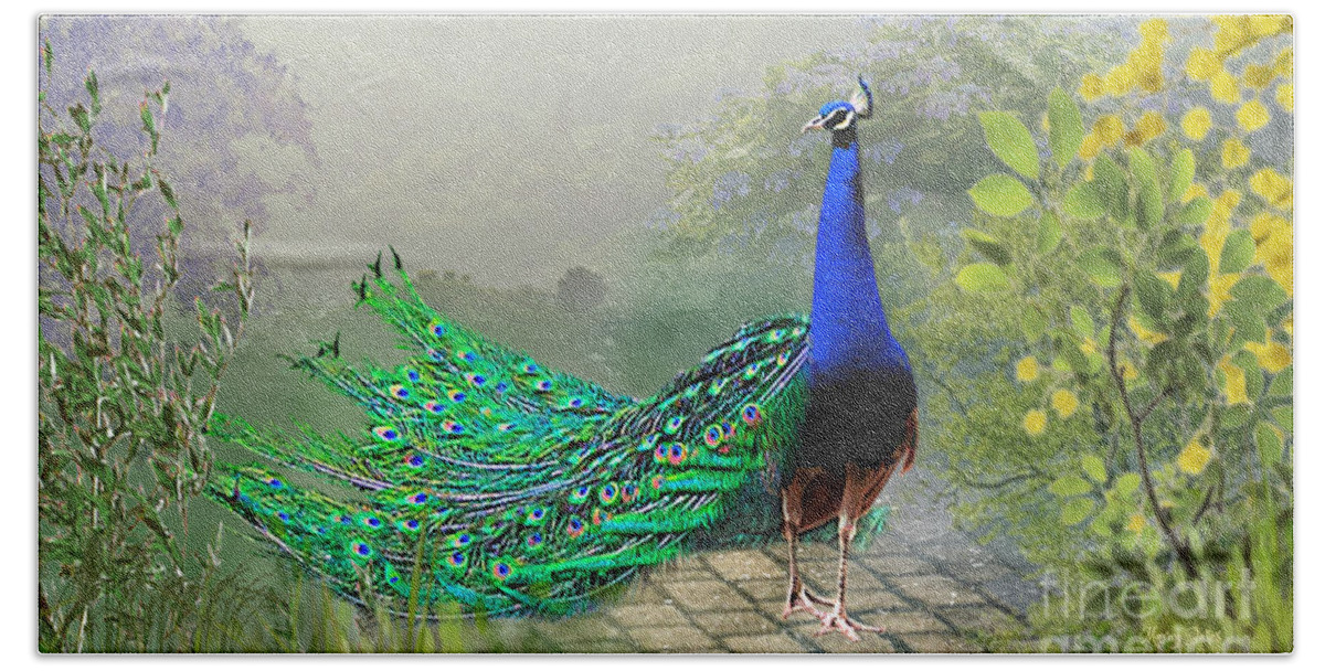 Peacock Hand Towel featuring the digital art Peacock on a Misty Morning by Morag Bates