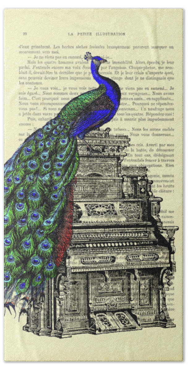 Peacock Hand Towel featuring the digital art Peacock sitting on organ collage art by Madame Memento