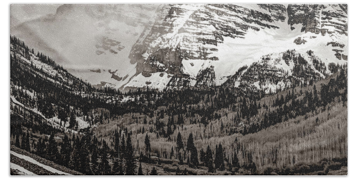 America Hand Towel featuring the photograph Peaks and Valleys of Maroon Bells in Classic Sepia by Gregory Ballos