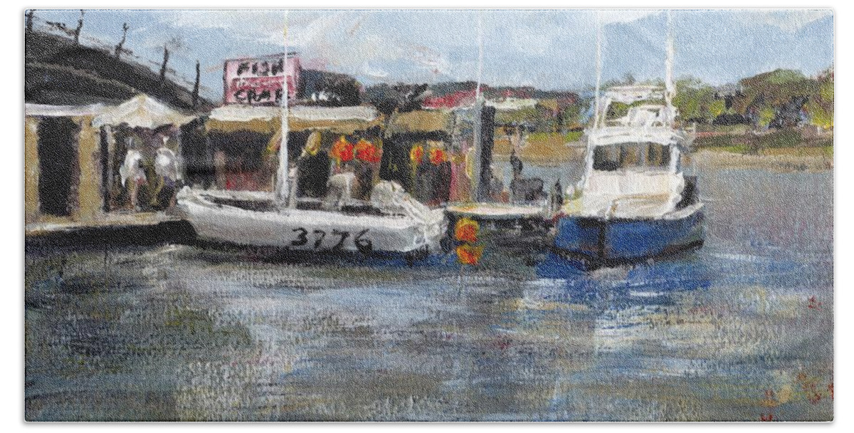 California Hand Towel featuring the painting Pearson's Port Crab Shack by Randy Sprout