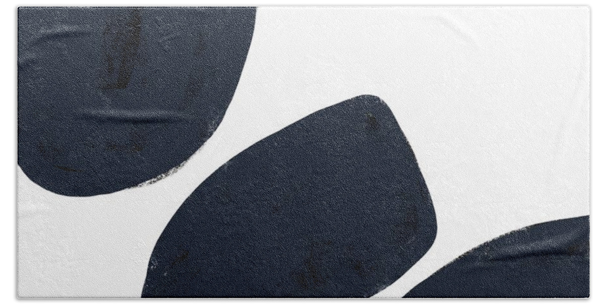 Abstract Hand Towel featuring the mixed media Pebble Stories 2 - Minimal Abstract Painting - Contemporary - Modern Art - Navy by Studio Grafiikka