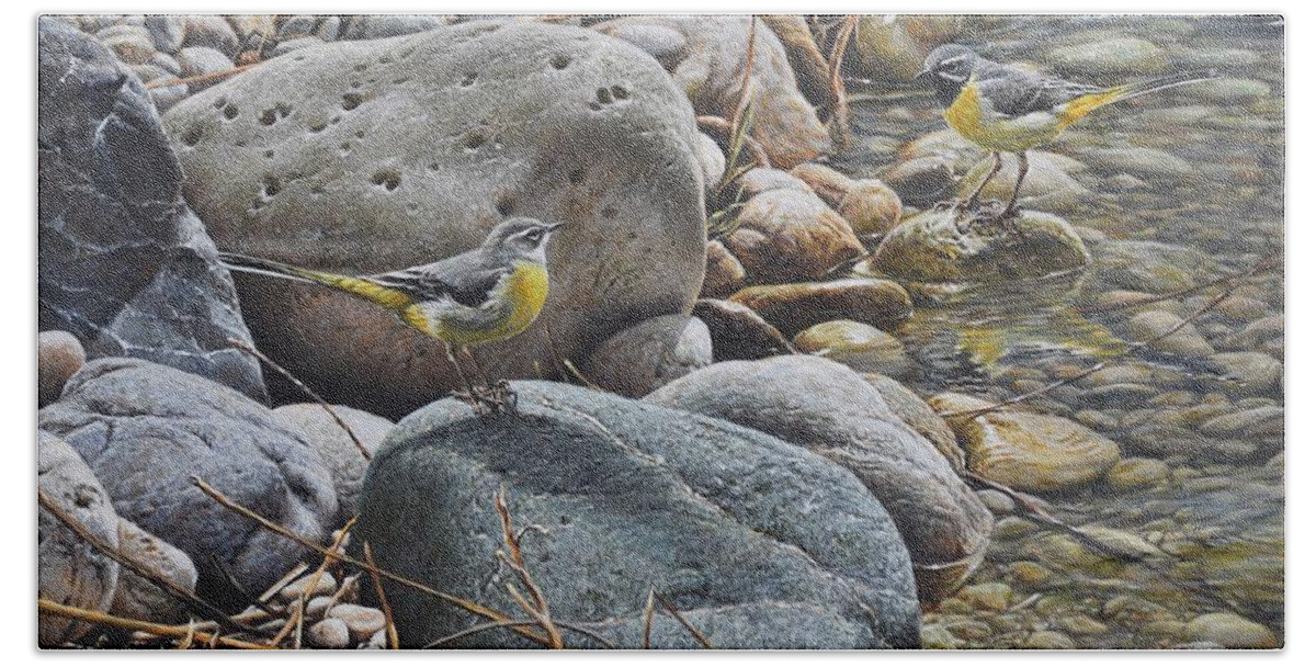 Pebble Hand Towel featuring the painting Pebble Stream Wagtails by Alan M Hunt