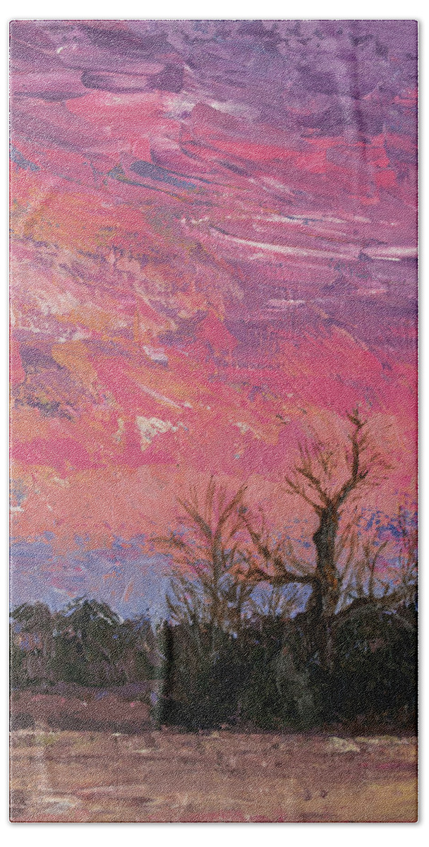 #pecantree #sunset #pecanbranchranch #art #artist #loveart #creative #iimpressionistic #loveart #palletknife #artoncanvas #richcolor #colorful #pink #purple #orange #blue #trees #winter #treebranches #cedars #huntcounty #texas #northtexas #northeasttexas #country #ranch #farmhouse #homedecor Bath Towel featuring the painting Pecan Branch Ranch Sunset by Cheryl McClure
