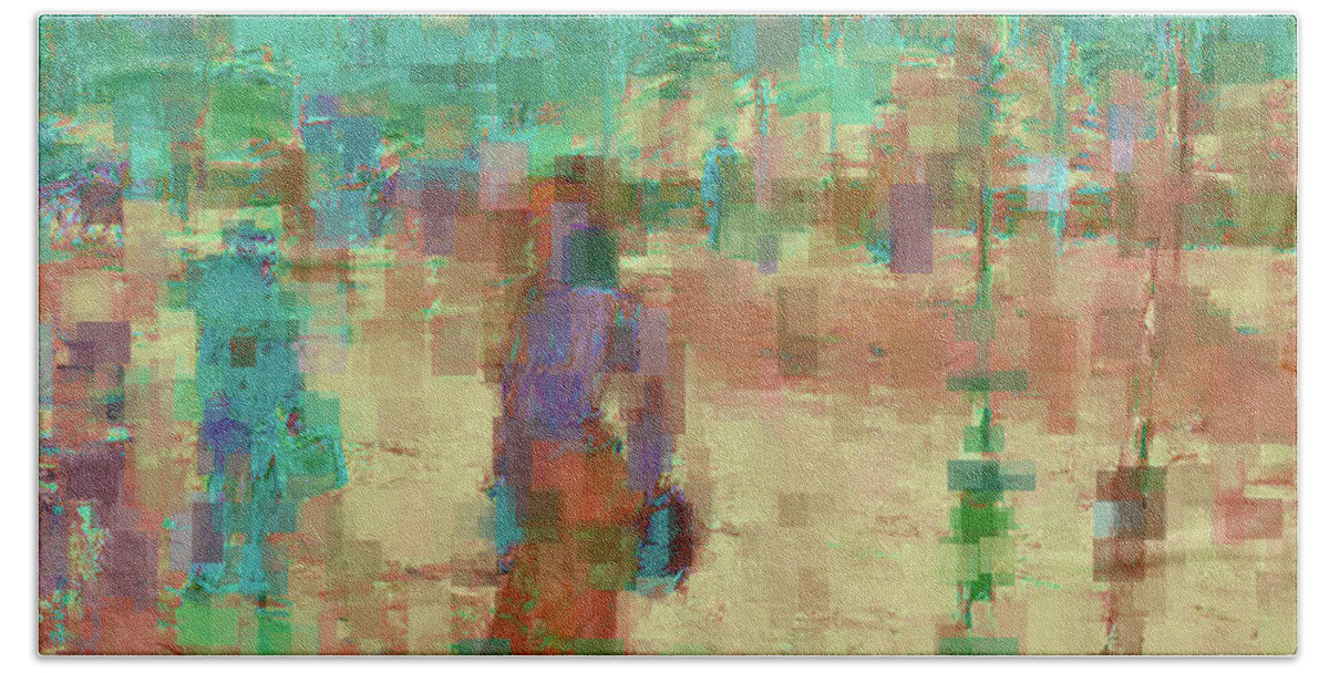 Colorful Bath Towel featuring the mixed media Pedestrians-Colorful Glitch Art Abstract by Shelli Fitzpatrick