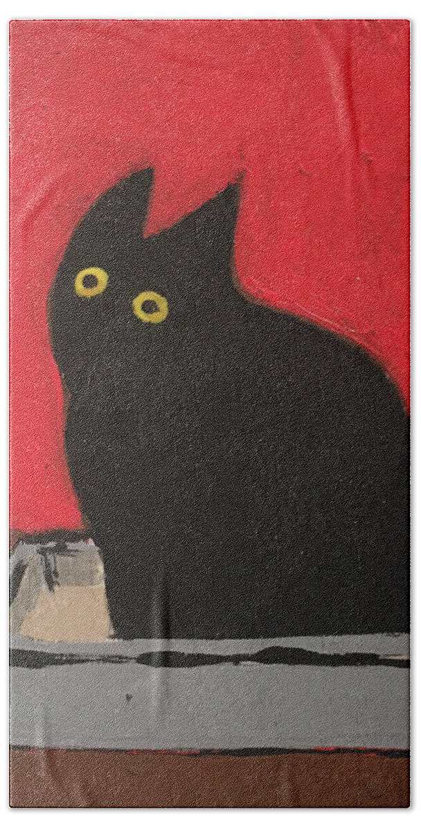 Black Cat Hand Towel featuring the painting Pee by Sherry Rusinack