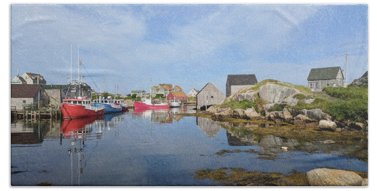 Peggy's Cove Bath Towel featuring the photograph Peggy's Cove Fishing Boats in Nova Scotia by Yvonne Jasinski