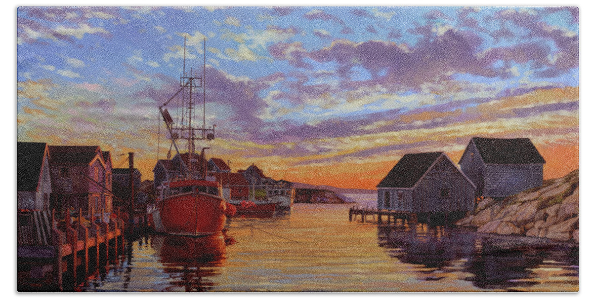 Sunset Bath Towel featuring the painting Peggy's Cove by Hans Neuhart