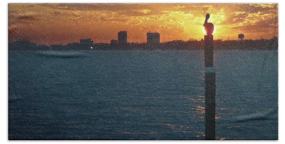 Pelican; Mississippi; Gulfport; Bay; Sky; Sunset; Clouds; Bath Towel featuring the photograph Pelican and Sunset by George Taylor