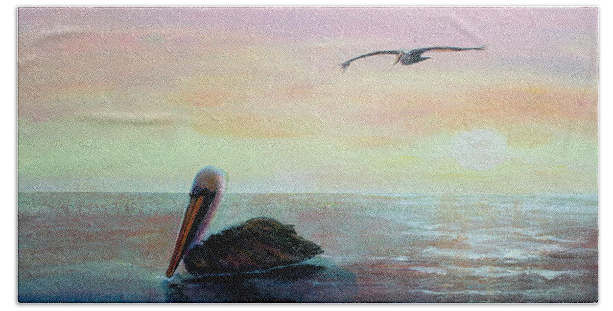 Pelicans Bath Towel featuring the painting Pelican beach by Ruth Kamenev