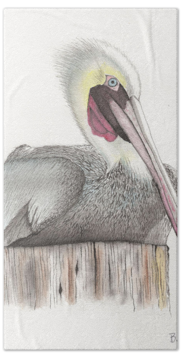 Pelican Bath Towel featuring the painting Pelican by Bob Labno