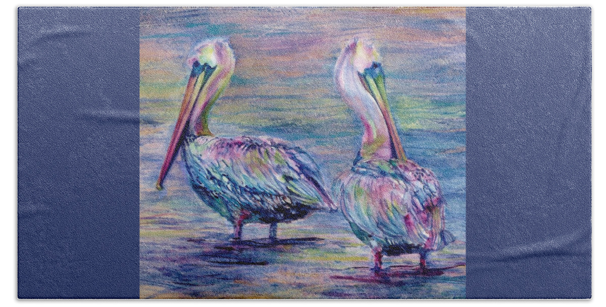 Watercolor Painting By Cynthia Pride Hand Towel featuring the painting Pelican Elegance by Cynthia Pride