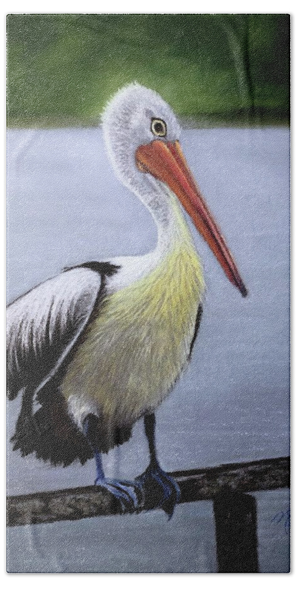 Pelican Bath Towel featuring the drawing Pelican by Marlene Little