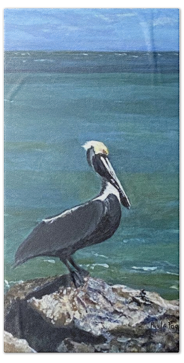 Painting Hand Towel featuring the painting Pelican Pride by Paula Pagliughi