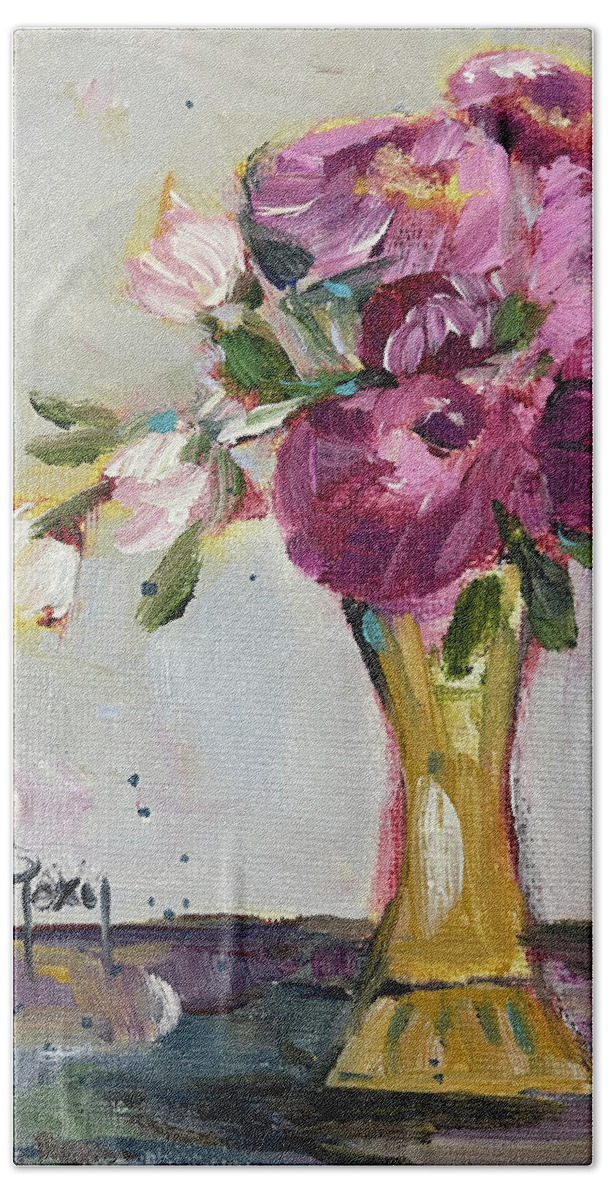Peonies Bath Towel featuring the painting Peonies in a Yellow Vase by Roxy Rich