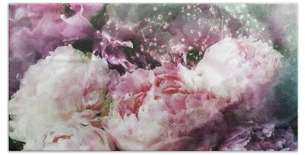 Flora Hand Towel featuring the mixed media Peonies by Jacky Gerritsen