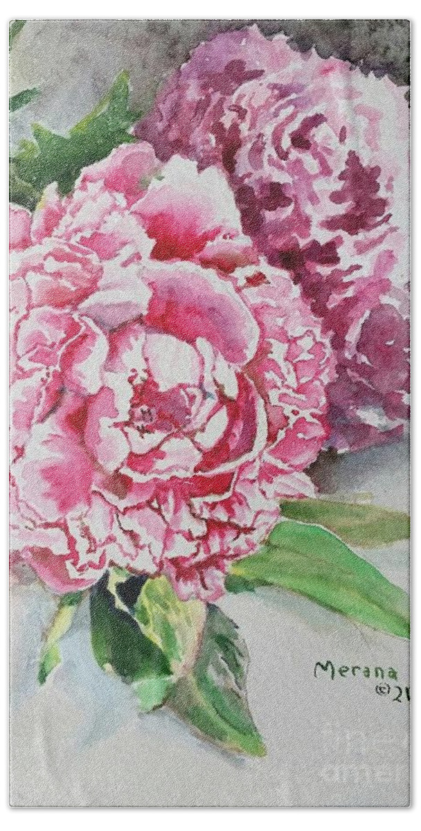 Peonies Bath Towel featuring the painting Peonies by Merana Cadorette