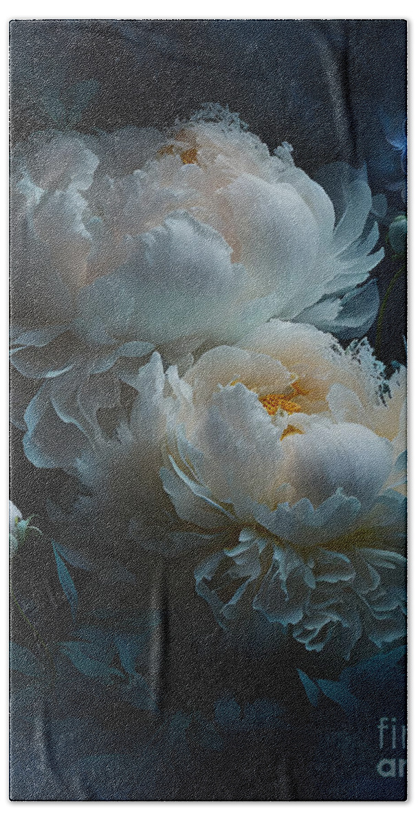 White Peonies Bath Towel featuring the digital art Peonies Opalescent by Shanina Conway
