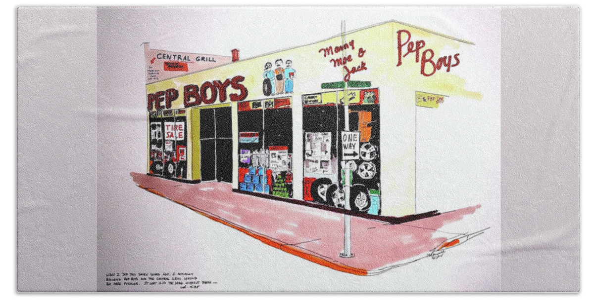Graphic Bath Towel featuring the drawing Pep Boys by William Renzulli