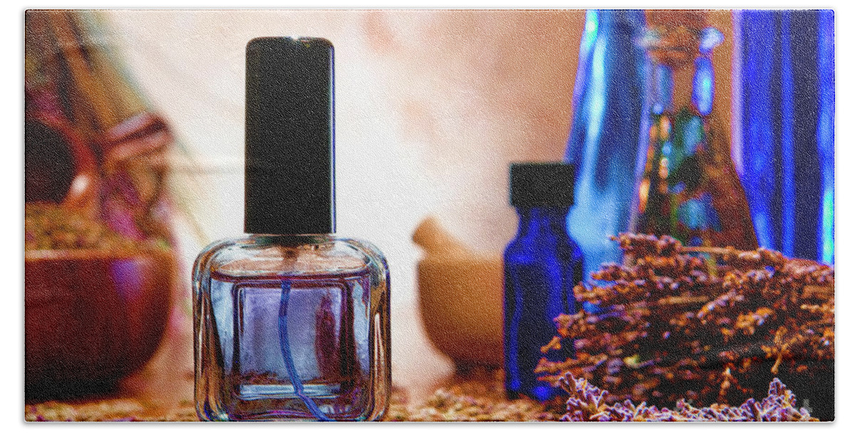 Aromatherapy Bath Towel featuring the photograph Perfume Bottle with Lavender Flowers in a Shop by Olivier Le Queinec