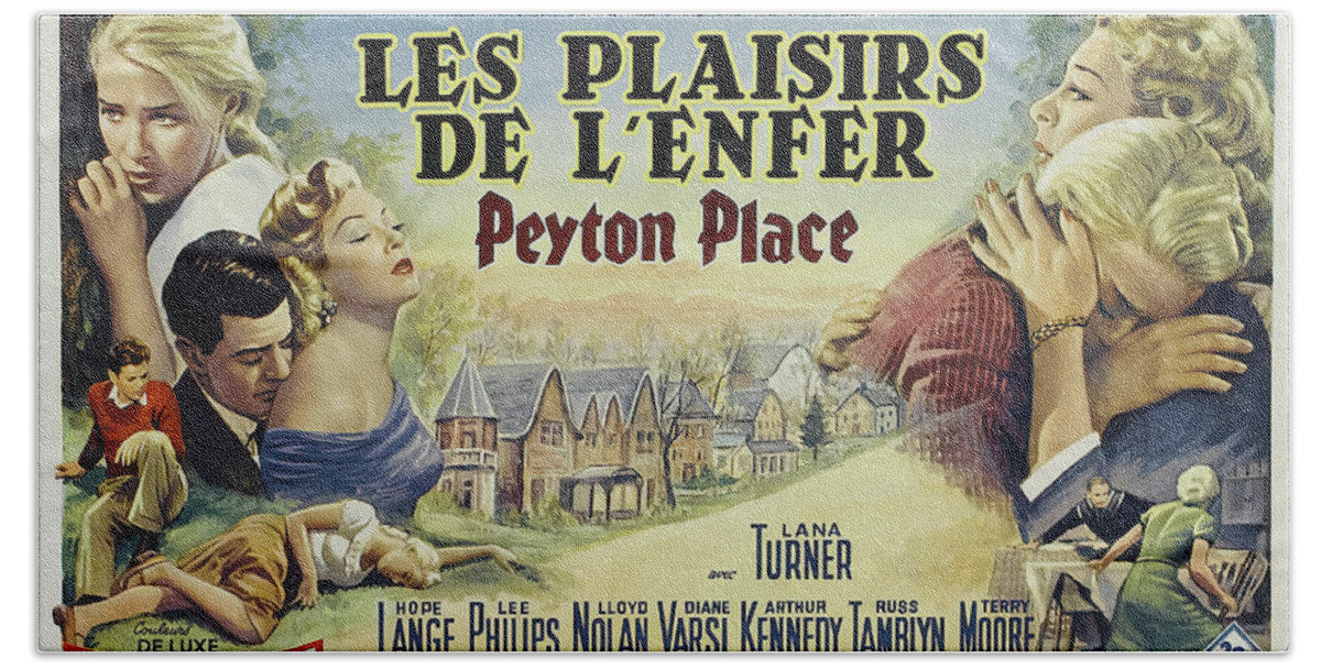 Peyton Hand Towel featuring the mixed media ''Peyton Place'', with Lana Turner and Hope Lange, 1957 by Movie World Posters