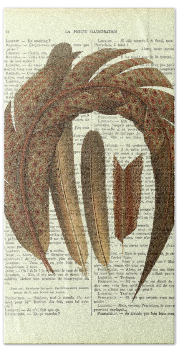 Pheasant Hand Towel featuring the mixed media Pheasant feathers on antique book page by Madame Memento