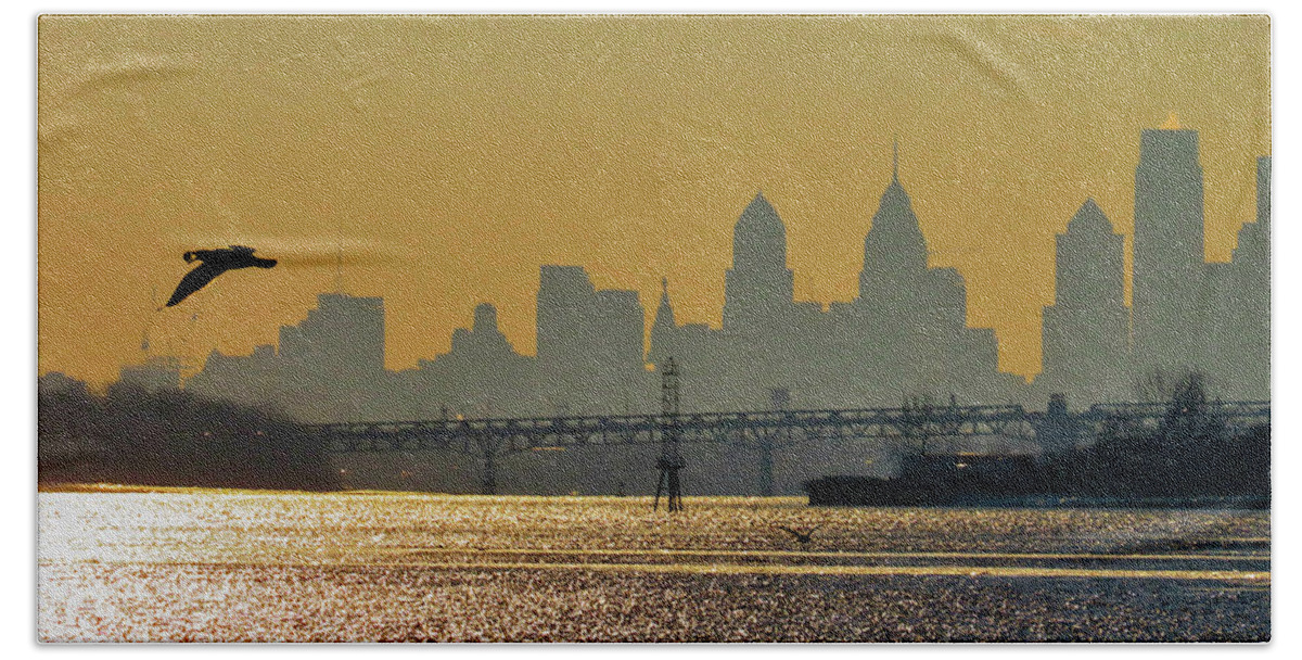Philadelphia Bath Towel featuring the photograph Philadelphia Skyline with Gull at Sunset as Seen from Amico Island by Linda Stern