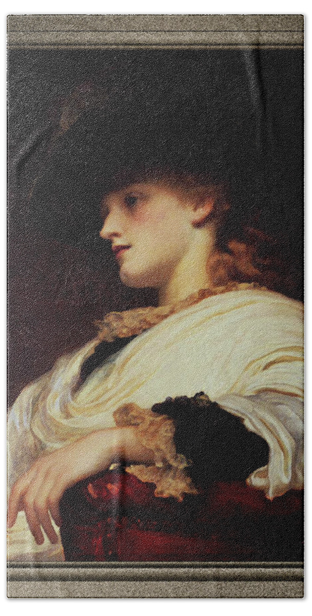 Phoebe Bath Towel featuring the painting Phoebe by Frederic Leighton by Rolando Burbon