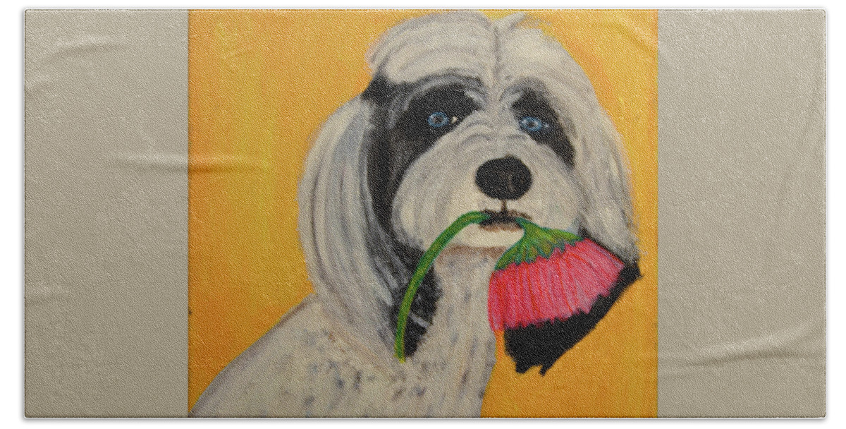 Dogs Bath Towel featuring the painting Picking Flowers by Anita Hummel