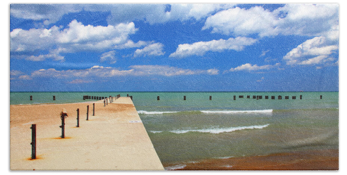 Landscape Hand Towel featuring the photograph Pier Blue Sky Clouds Lake North Avenue Beach by Patrick Malon
