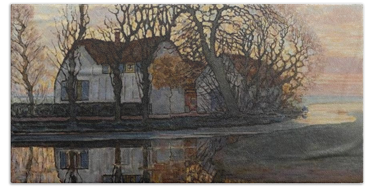  Bath Towel featuring the painting Piet Mondrian - Farm Near Duivendrecht, in the Evening by Les Classics