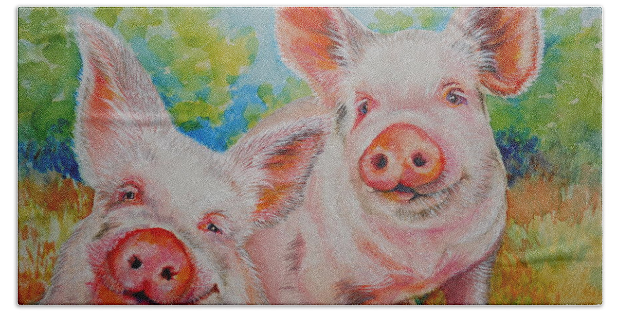 Pig Bath Towel featuring the painting Pigs Pink and Happy by Summer Celeste