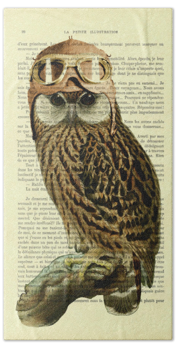 Owl Hand Towel featuring the mixed media Pilot Owl by Madame Memento