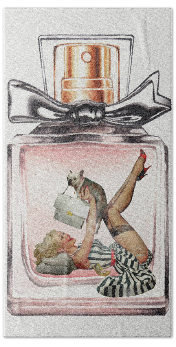 Pin up girl in perfume bottle Bath Towel by Mihaela Pater - Pixels