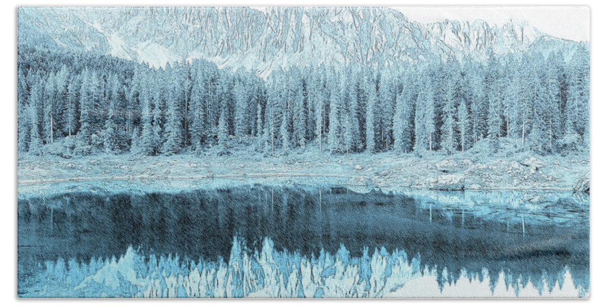 Tranquility Hand Towel featuring the mixed media Pine Trees over the Lake by Alex Mir