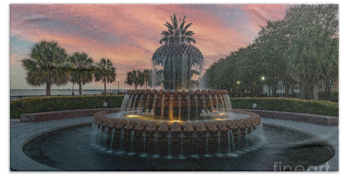 Pineapple Fountain Bath Towel featuring the photograph Pineapple Fountain Sunset - Charleston - Waterfront Park by Dale Powell