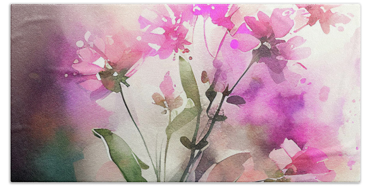 Pink Hand Towel featuring the digital art Pink Abstract Flowers Watercolor Style 1 by Laura's Creations