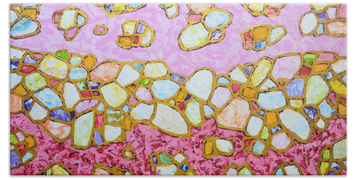 Stones Bath Towel featuring the painting Pink and gold 2 by Iryna Kastsova