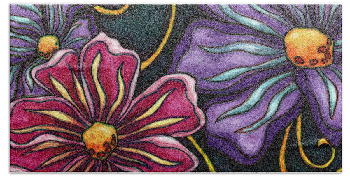 Pink Flowers Bath Towel featuring the painting Pink and purple cosmos flowers, colorful flowers by Nadia CHEVREL
