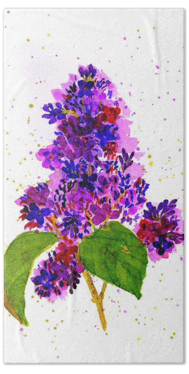 Lilac Blooms Bath Towel featuring the painting Pink and Purple Lilac Branch in Bloom by Deborah League