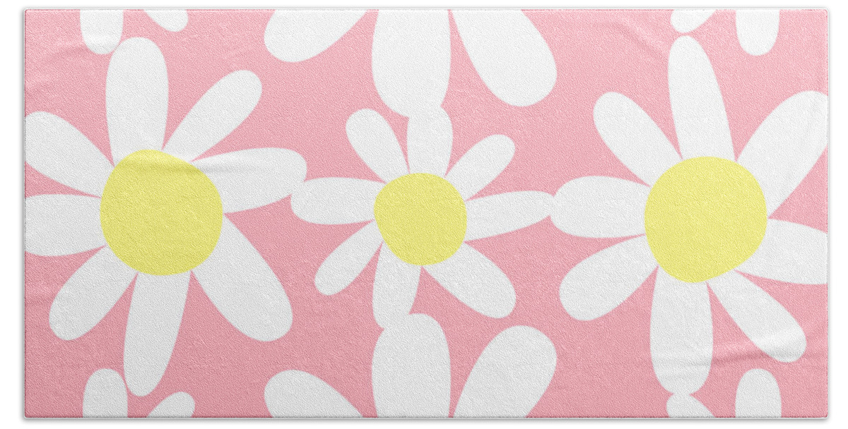 Pink Hand Towel featuring the digital art Pink and Sun Yellow Daisy Floral Pattern Design by Christie Olstad