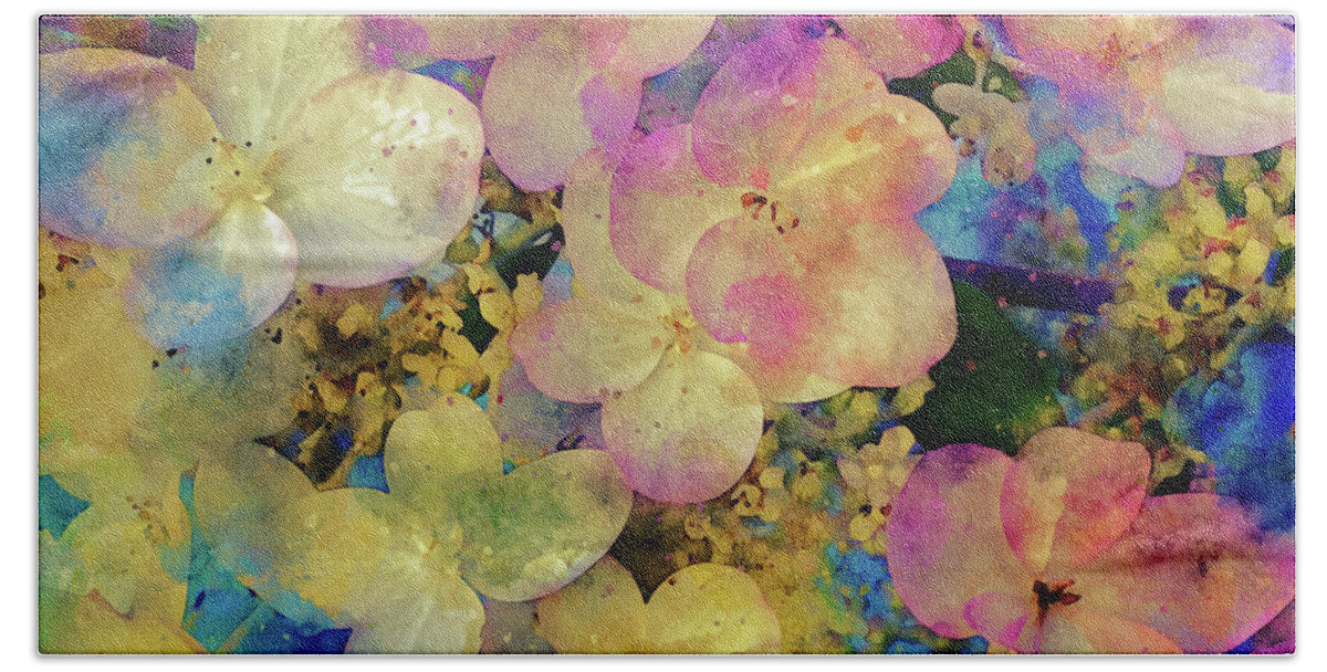 Hydrangea Bath Towel featuring the mixed media Pink and White Hydrangeas by Peggy Collins