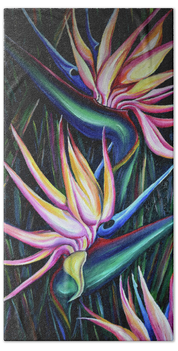 Strelitzia Reginae Bath Towel featuring the painting Pink Birds Of Paradise by Karin Dawn Kelshall- Best