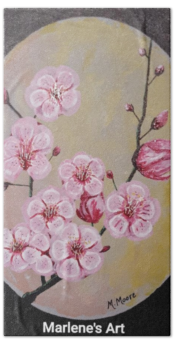 Floral Bath Towel featuring the painting Pink Cherry Blossoms by Marlene Moore