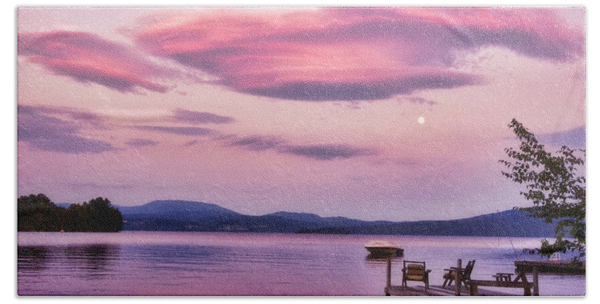 Moon Bath Towel featuring the photograph Pink Clouds and Moon Over Rangeley, Maine by Russel Considine
