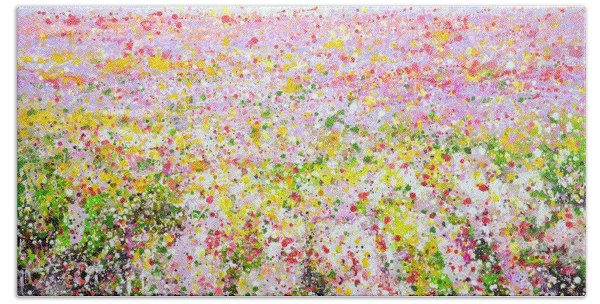 Nature Bath Towel featuring the painting 	Pink flower field. by Iryna Kastsova