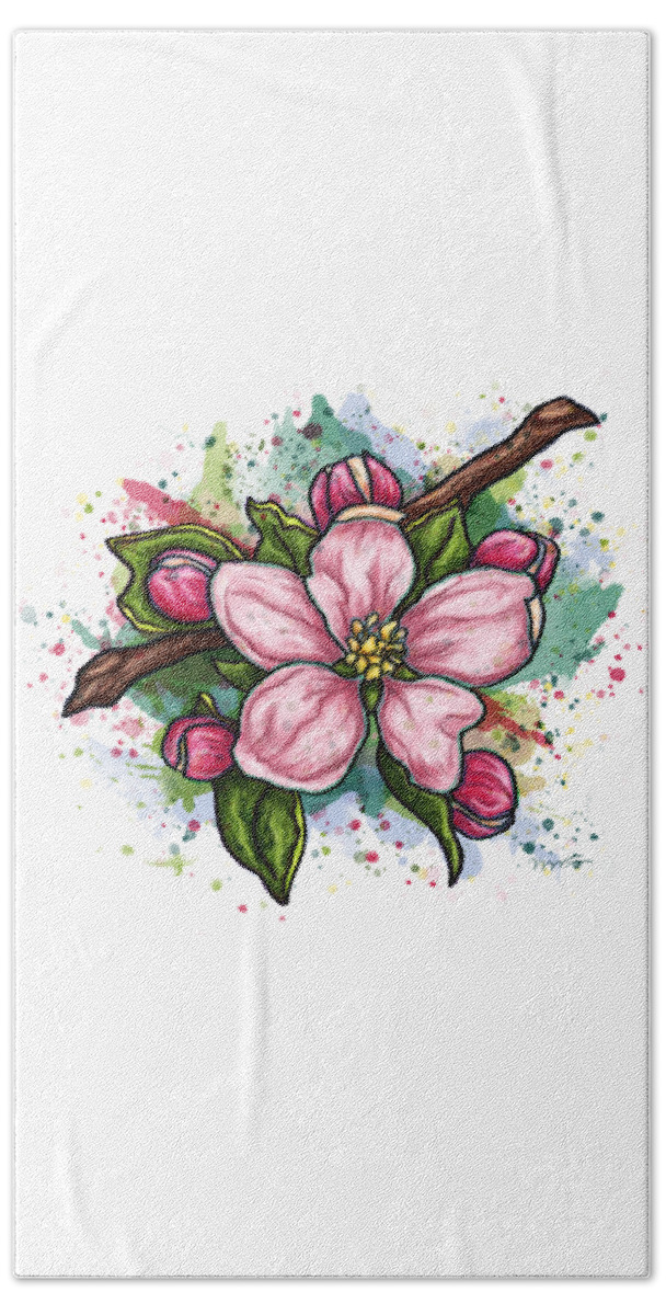 Flower Bath Towel featuring the painting Pink flower on white background, cherry blossom by Nadia CHEVREL