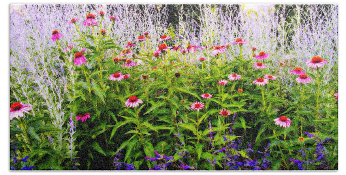 Orton Bath Towel featuring the photograph Pink Flowers in the Garden - Orton Effect by Frank J Casella