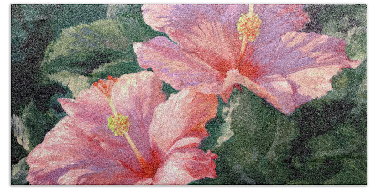 Botanicals Hand Towel featuring the painting Pink Hibiscus II by Laurie Snow Hein
